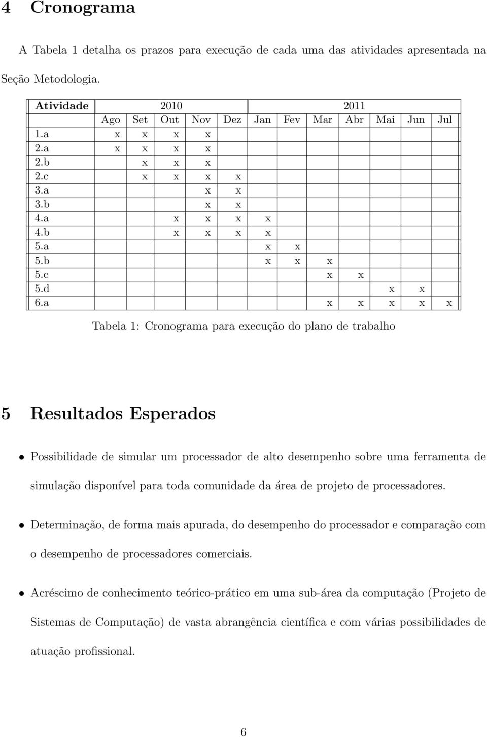 a x x x x x Tabela 1: Cronograma para execução do plano de trabalho 5 Resultados Esperados Possibilidade de simular um processador de alto desempenho sobre uma ferramenta de simulação disponível para