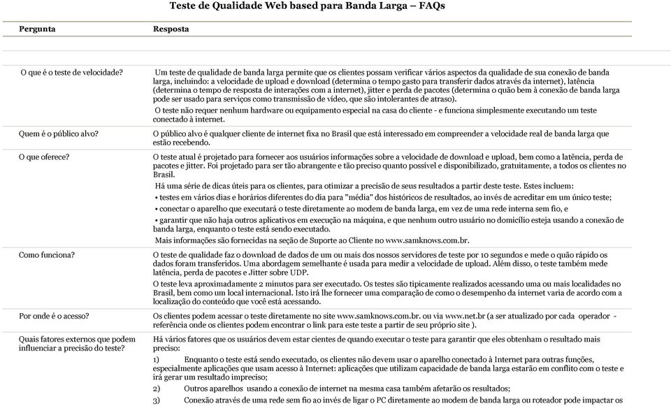 tempo gasto para transferir dados através da internet), latência (determina o tempo de resposta de interações com a internet), jitter e perda de pacotes (determina o quão bem à conexão de banda larga