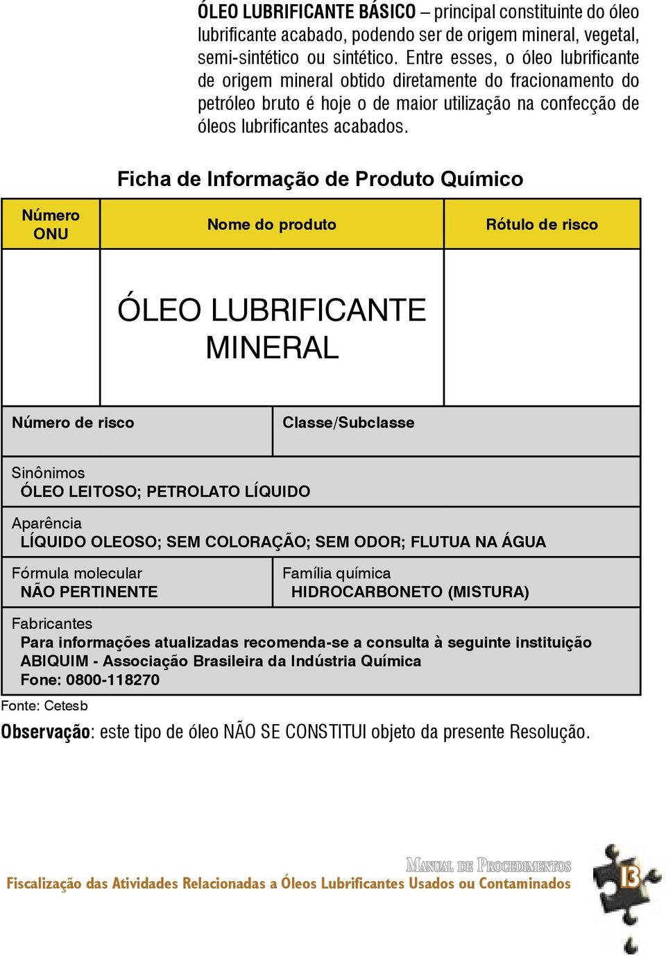 Ficha de Informação de Produto Químico Número ONU Nome do produto Rótulo de risco ÓLEO LUBRIFICANTE MINERAL Número de risco Classe/Subclasse Sinônimos ÓLEO LEITOSO; PETROLATO LÍQUIDO Aparência