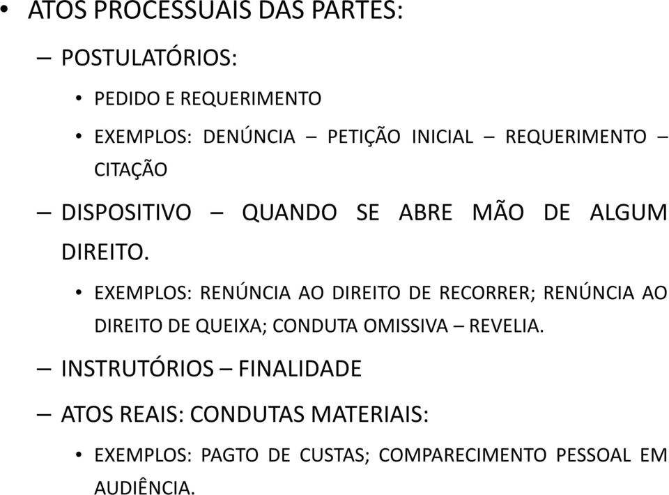 EXEMPLOS: RENÚNCIA AO DIREITO DE RECORRER; RENÚNCIA AO DIREITO DE QUEIXA; CONDUTA OMISSIVA