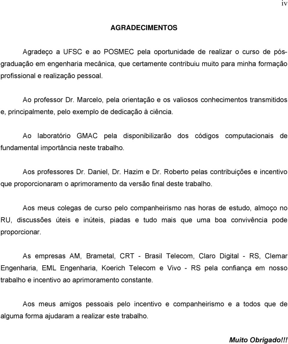 Ao laboratório GMAC pela disponibilizarão dos códigos computacionais de fundamental importância neste trabalho. Aos professores Dr. Daniel, Dr. Hazim e Dr.