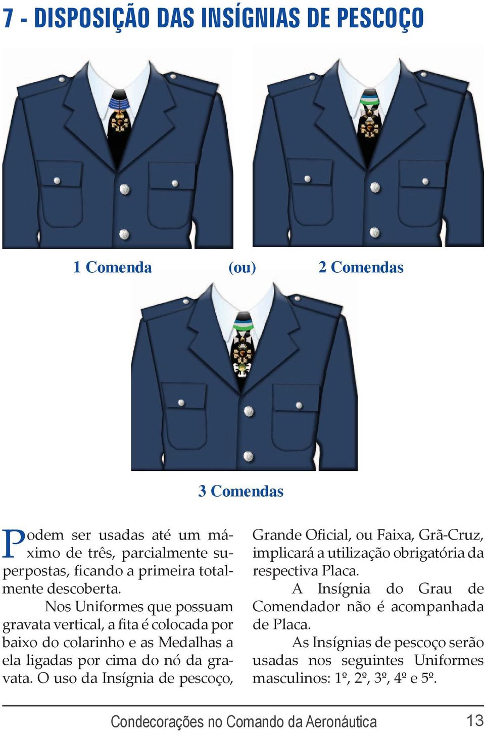 Nos Uniformes que possuam gravata vertical, a fita é colocada por baixo do colarinho e as Medalhas a ela ligadas por cima do nó da gravata.