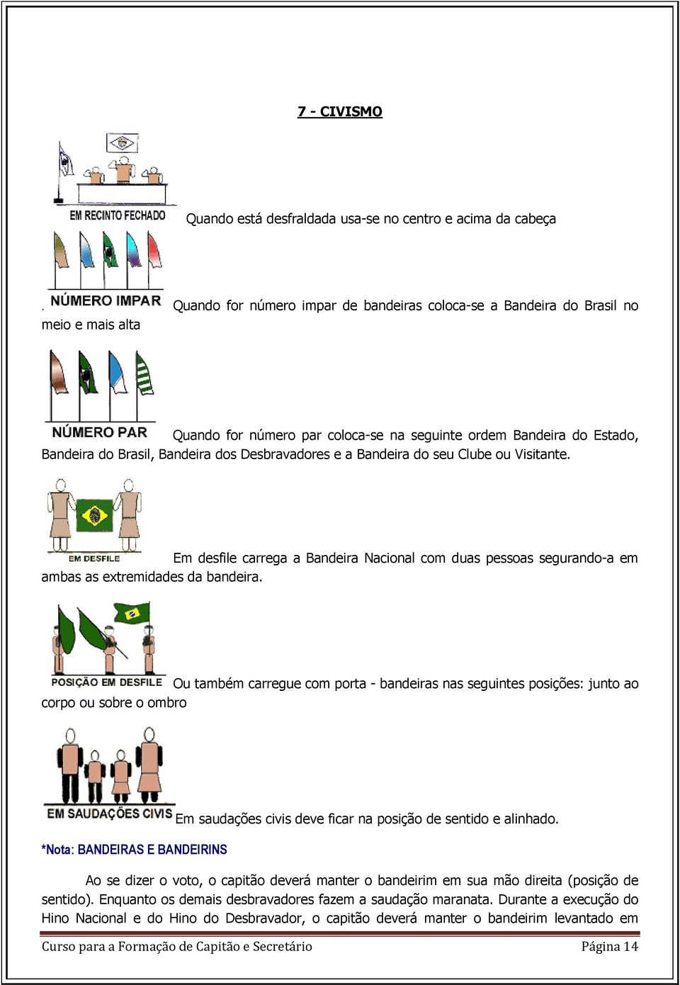 Desbravadores e a Bandeira do seu Clube ou Visitante. Em desfile carrega a Bandeira Nacional com duas pessoas segurando-a em ambas as extremidades da bandeira.