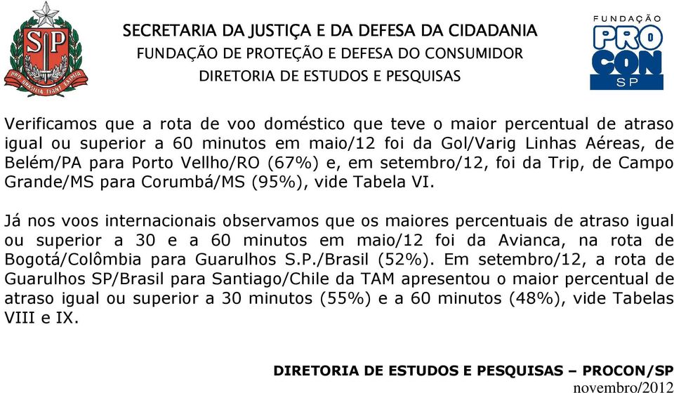 Já nos voos internacionais observamos que os maiores percentuais de atraso igual ou superior a 30 e a 60 minutos em maio/12 foi da Avianca, na rota de Bogotá/Colômbia para