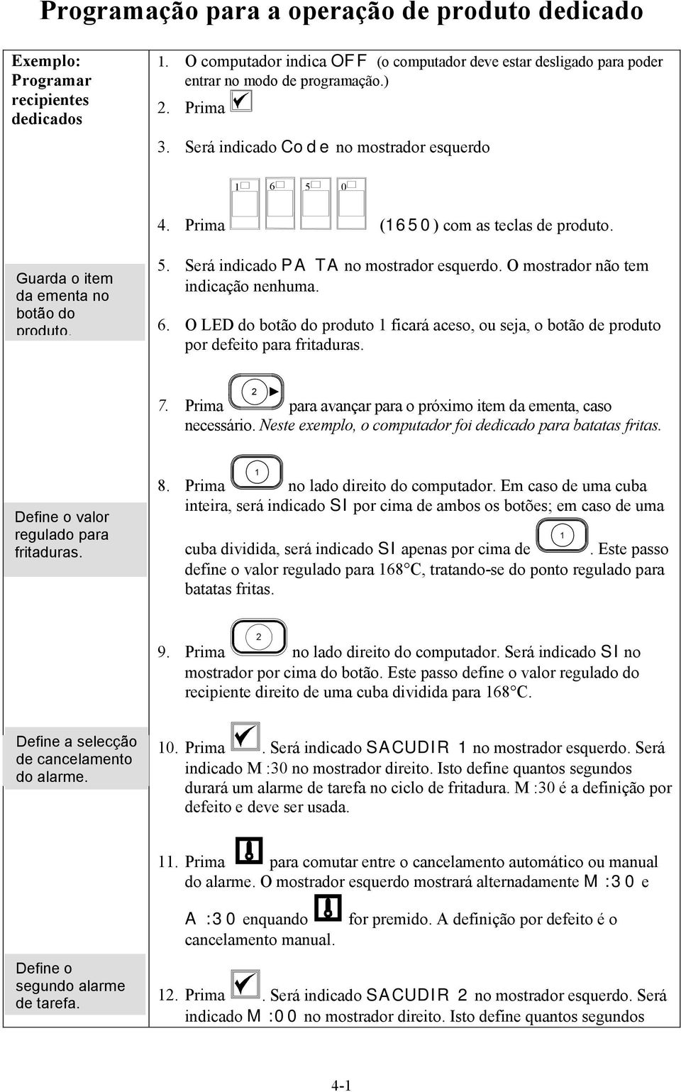 O mostrador não tem indicação nenhuma. 6. O LED do botão do produto ficará aceso, ou seja, o botão de produto por defeito para fritaduras. 7.