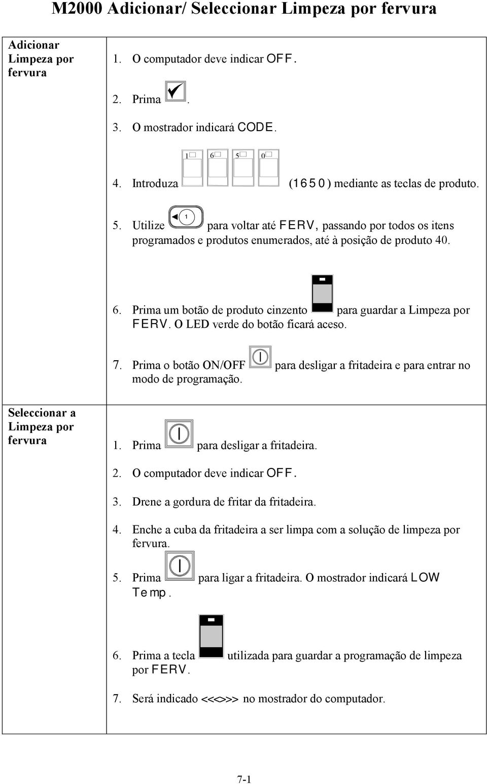 Prima um botão de produto cinzento para guardar a Limpeza por FERV. O LED verde do botão ficará aceso. 7. Prima o botão ON/OFF para desligar a fritadeira e para entrar no modo de programação.