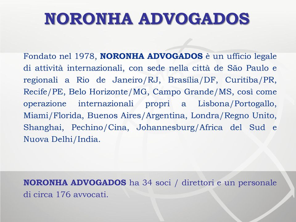 operazione internazionali propri a Lisbona/Portogallo, Miami/Florida, Buenos Aires/Argentina, Londra/Regno Unito, Shanghai,