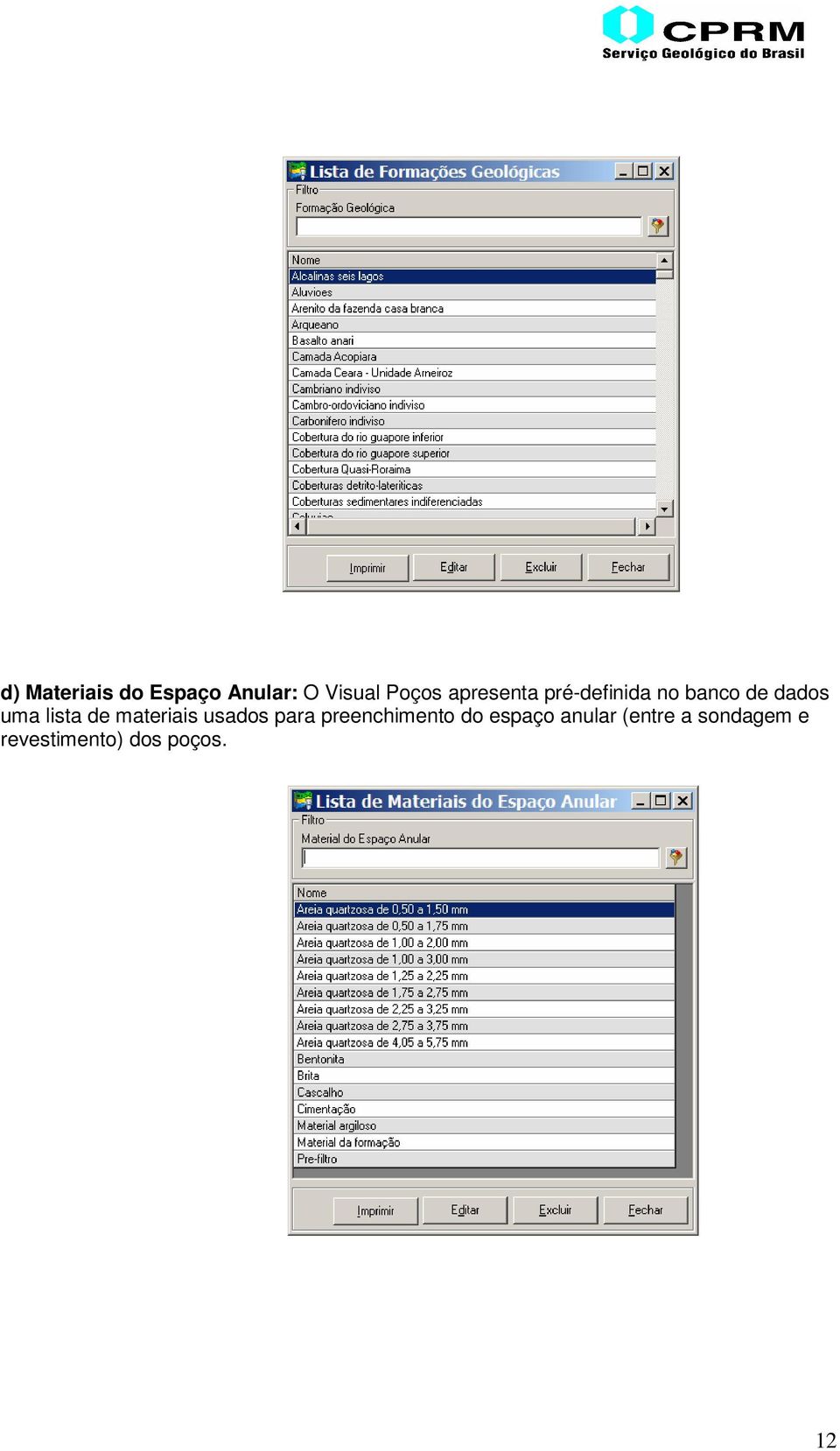 lista de materiais usados para preenchimento do