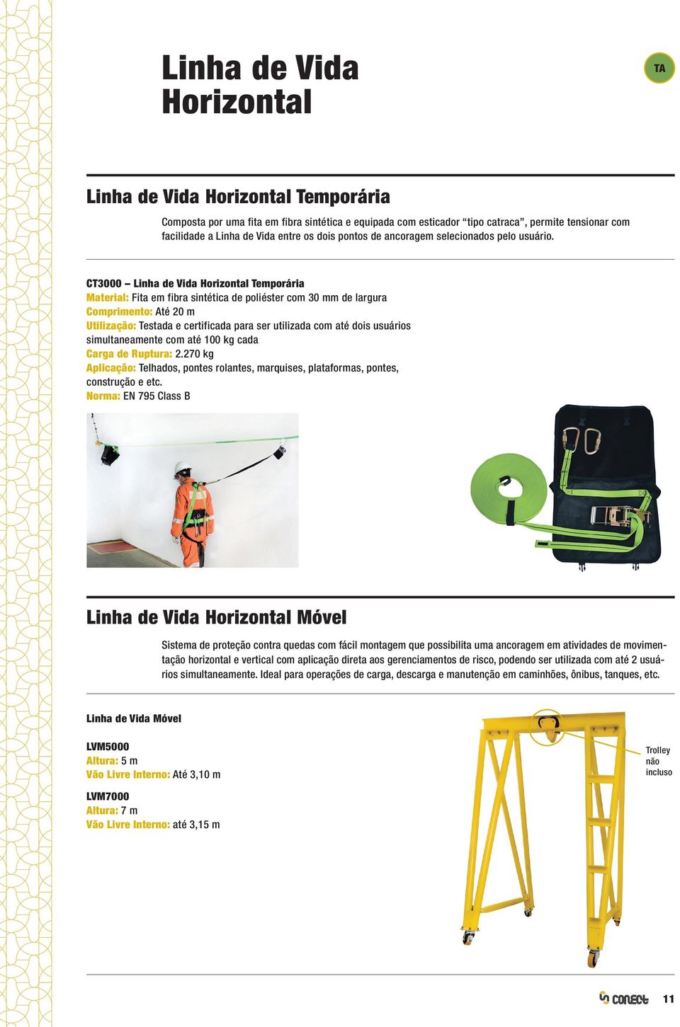 CT3000 Linha de Vida Horizontal Temporária Material: Fita em fibra sintética de poliéster com 30 mm de largura Comprimento: Até 20 m Utilização: Testada e certificada para ser utilizada com até dois