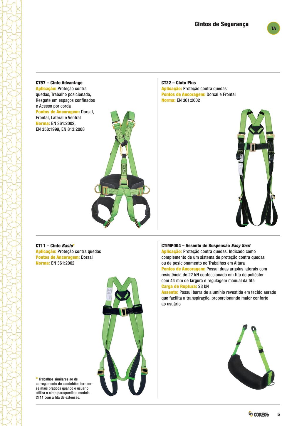 contra quedas Pontos de Ancoragem: Dorsal Norma: EN 361:2002 CTIMP004 Assento de Suspensão Easy Seat Aplicação: Proteção contra quedas.