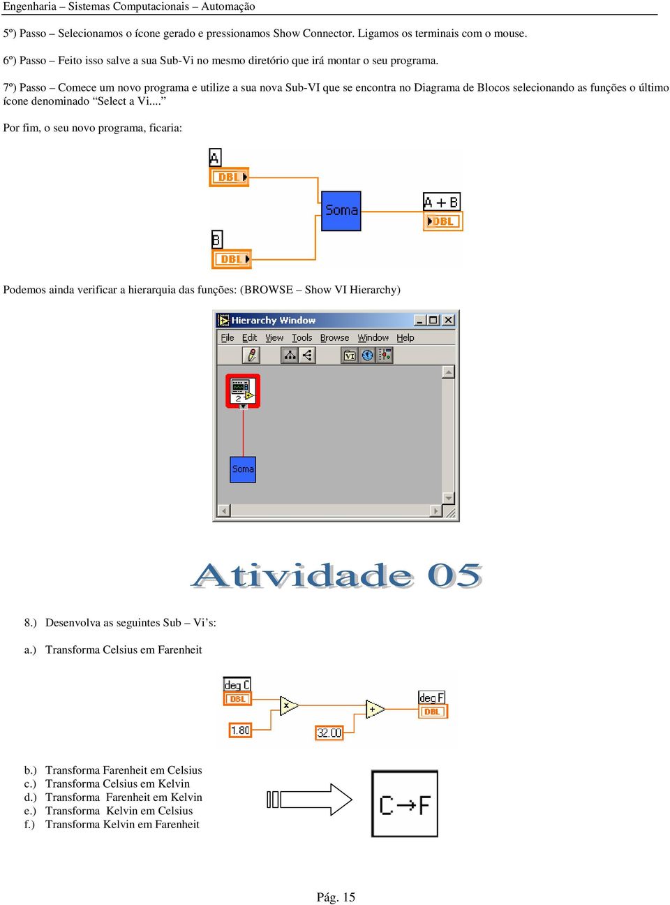 7º) Passo Comece um novo programa e utilize a sua nova Sub-VI que se encontra no Diagrama de Blocos selecionando as funções o último ícone denominado Select a Vi.