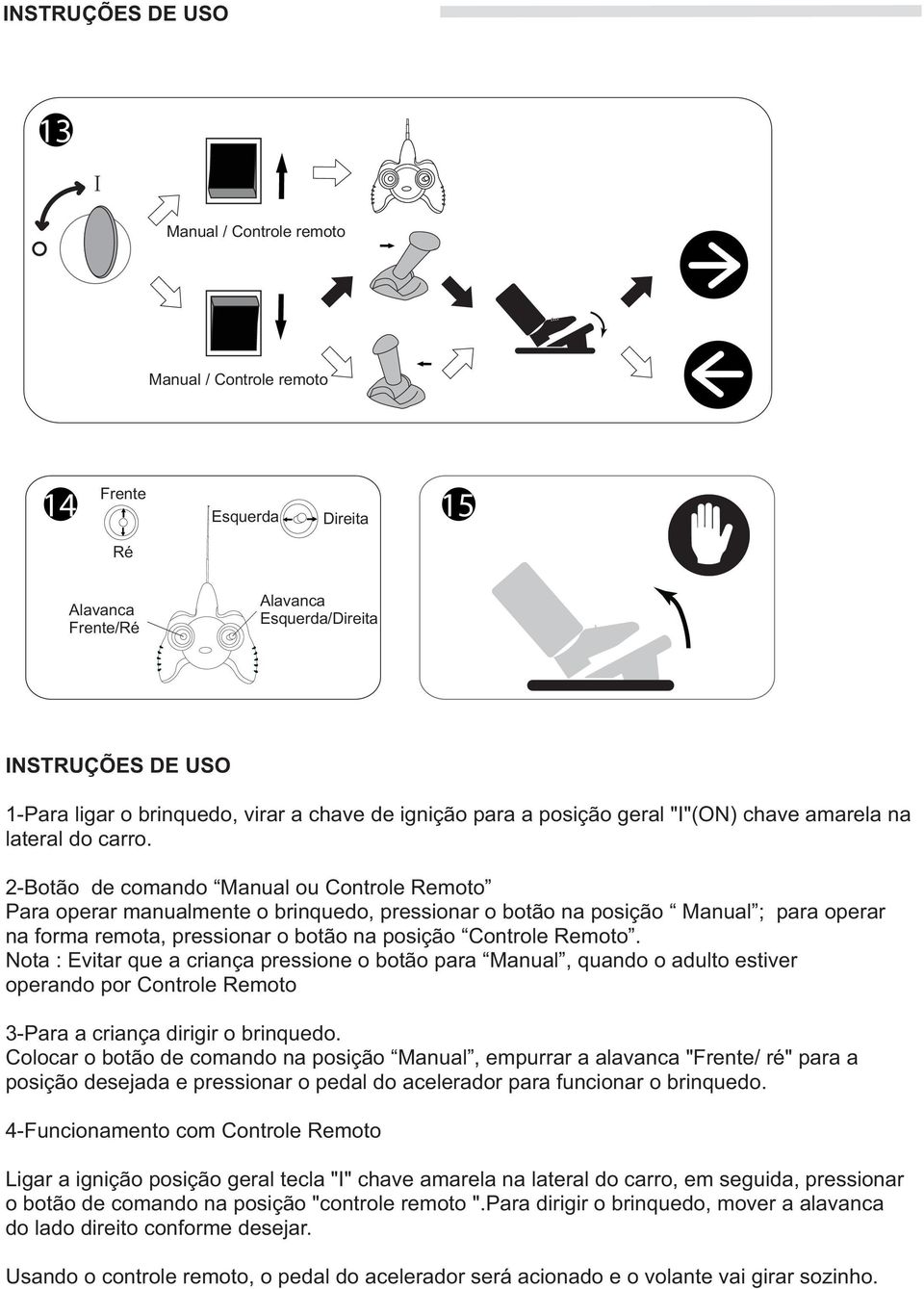 2-Botão de comando Manual ou Controle Remoto Para operar manualmente o brinquedo, pressionar o botão na posição Manual ; para operar na forma remota, pressionar o botão na posição Controle Remoto.