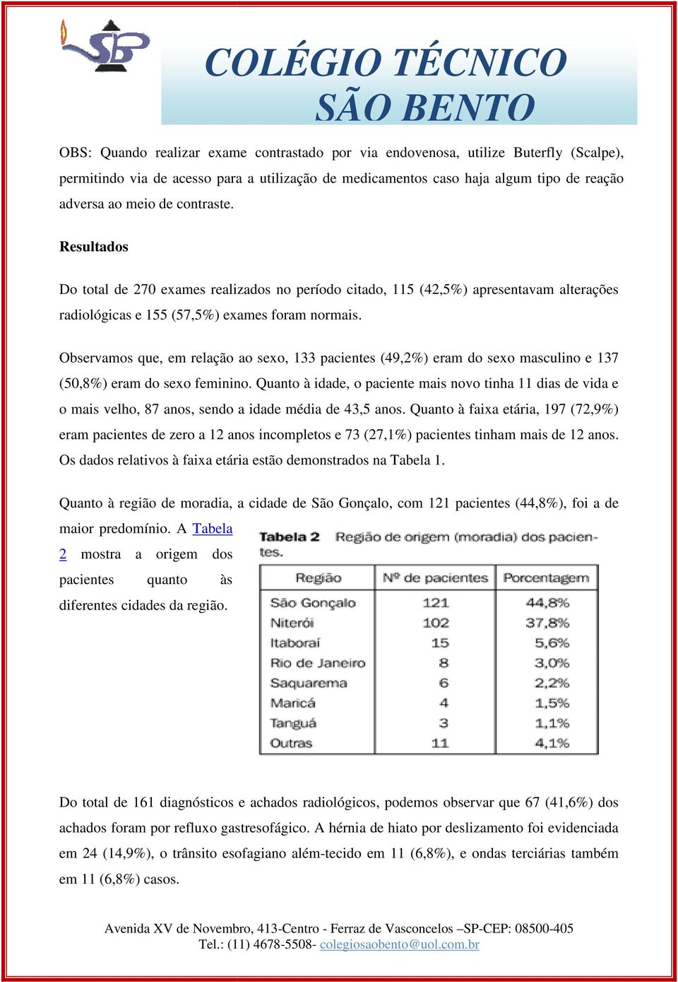 Observamos que, em relação ao sexo, 133 pacientes (49,2%) eram do sexo masculino e 137 (50,8%) eram do sexo feminino.