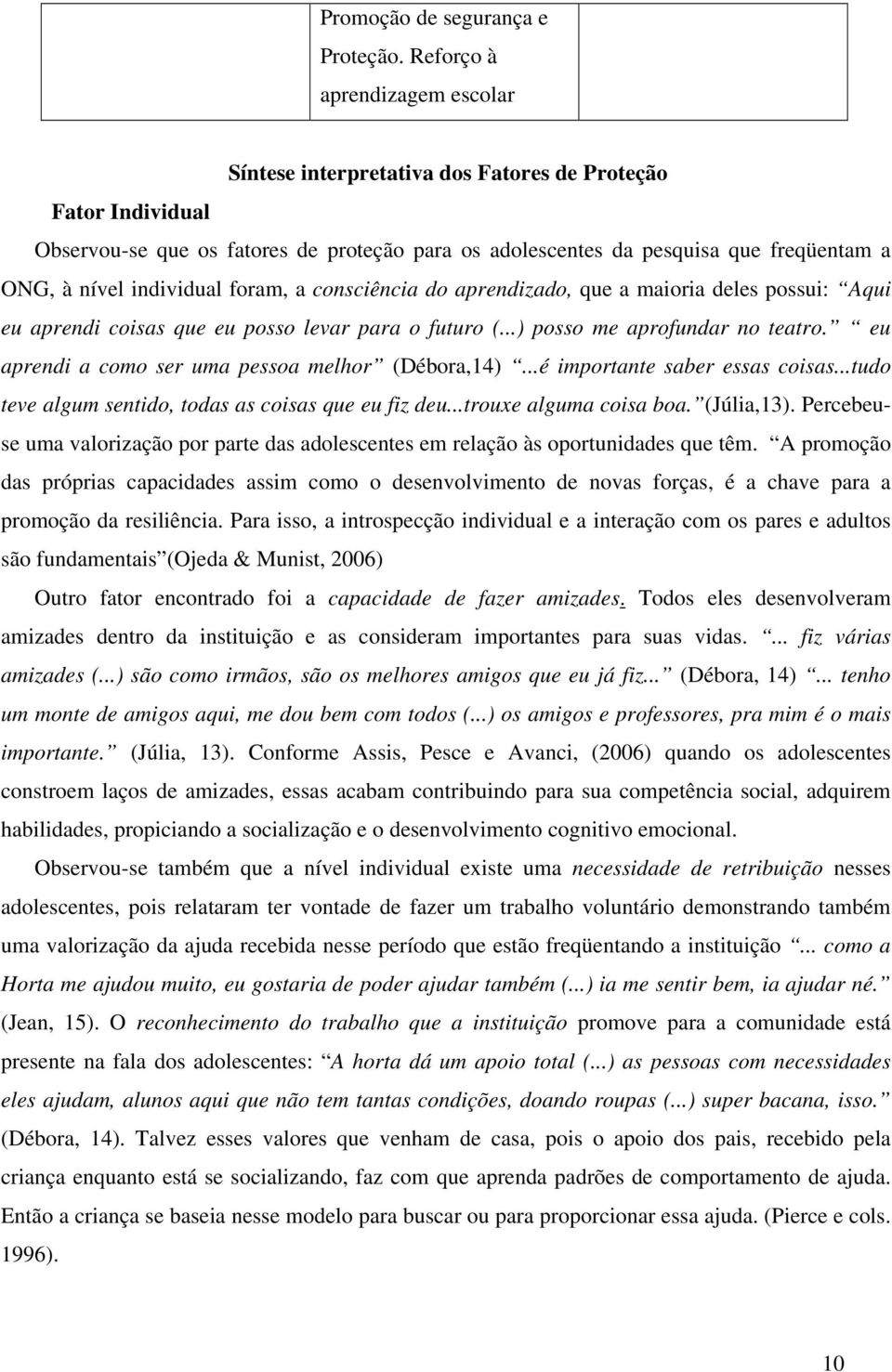 individual foram, a consciência do aprendizado, que a maioria deles possui: Aqui eu aprendi coisas que eu posso levar para o futuro (...) posso me aprofundar no teatro.