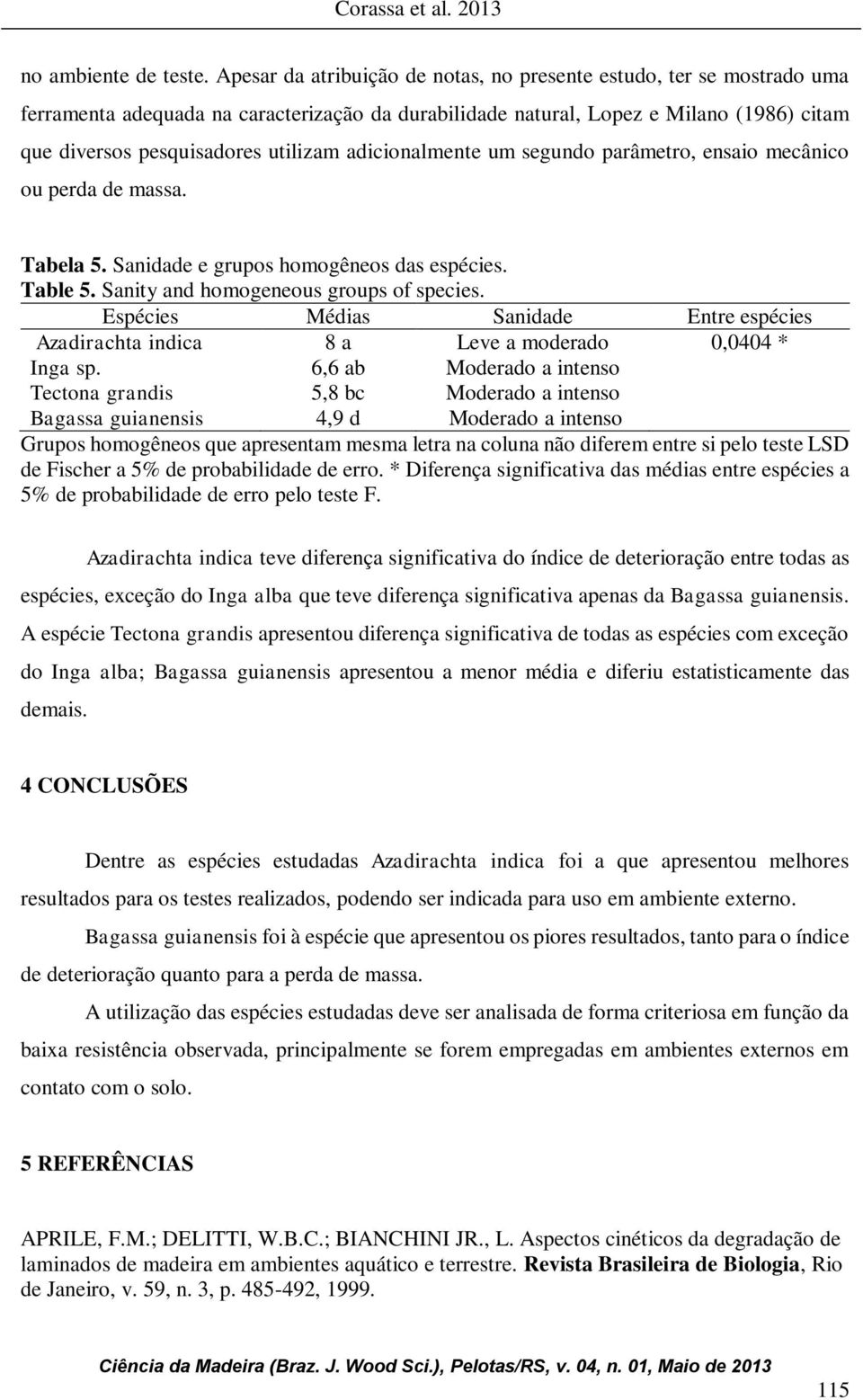 adicionalmente um segundo parâmetro, ensaio mecânico ou perda de massa. Tabela 5. Sanidade e grupos homogêneos das espécies. Table 5. Sanity and homogeneous groups of species.