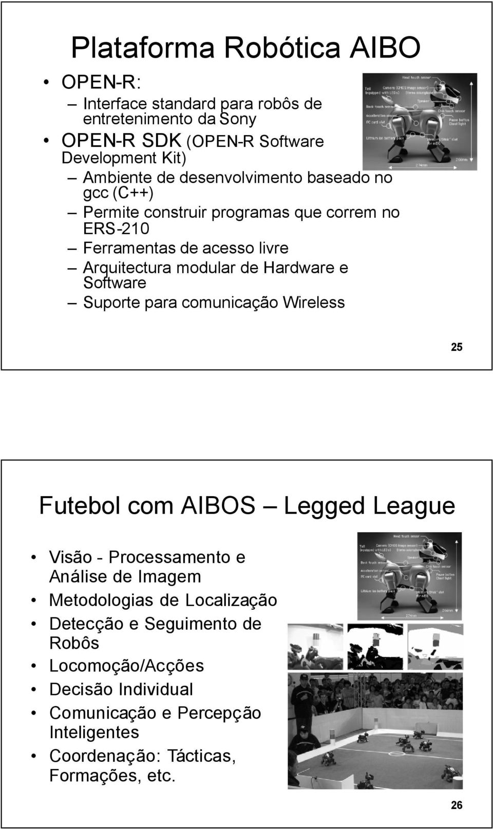 e Software Suporte para comunicação Wireless 25 Futebol com AIBOS Legged League Visão - Processamento e Análise de Imagem Metodologias de
