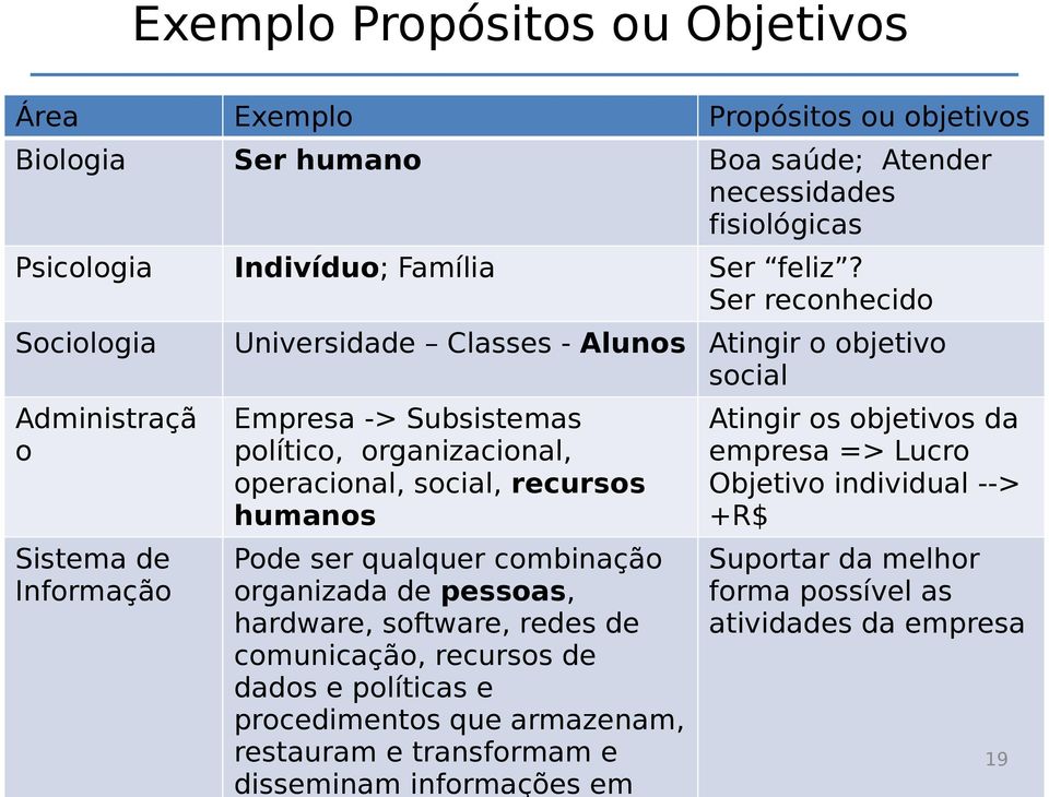 operacional, social, recursos humanos Pode ser qualquer combinação organizada de pessoas, hardware, software, redes de comunicação, recursos de dados e políticas e procedimentos