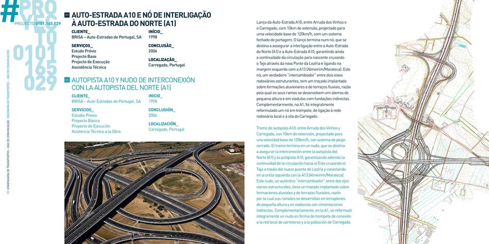 029 AUTO-TRADA A10 E NÓ DE INTERLIGAÇÃO À AUTO-TRADA DO NORTE (A1) BRISA Auto-Estradas de Portugal, SA 1998 Estudo Prévio Projecto Base Projecto de Execução Assistência Técnica 2006 Carregado,