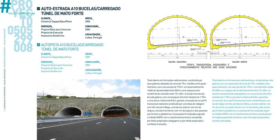 BUCELAS/CARREGADO TÚNEL DE MATO FORTE Consórcio Zagope/Epos/Pavia Proyecto básico para Concurso Proyecto de Ejecución Asesoría Geotécnica 2002 2004 Lisboa, Portugal 2002 2004 Lisboa, Portugal Túnel