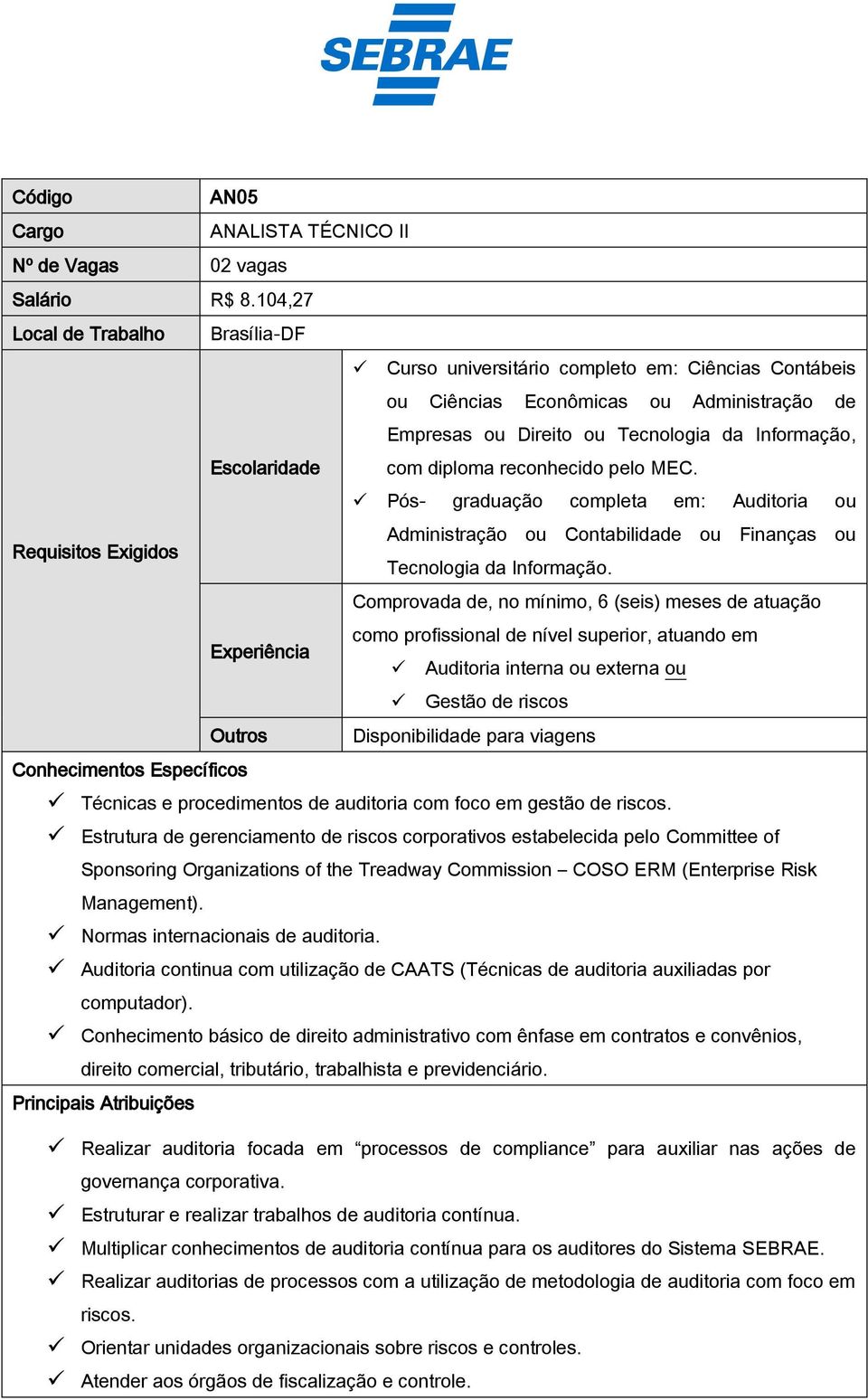 diploma reconhecido pelo MEC. Pós- graduação completa em: Auditoria ou Requisitos Exigidos Administração ou Contabilidade ou Finanças ou Tecnologia da Informação.