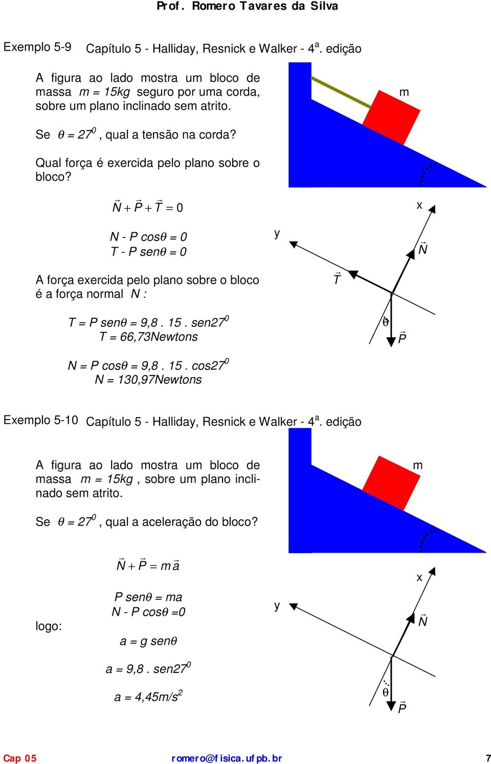 N P = 0 x N - P cosθ = 0 - P senθ = 0 A força exercida pelo plano sobre o bloco é a força noral N : y N = P senθ = 9,8. 5.