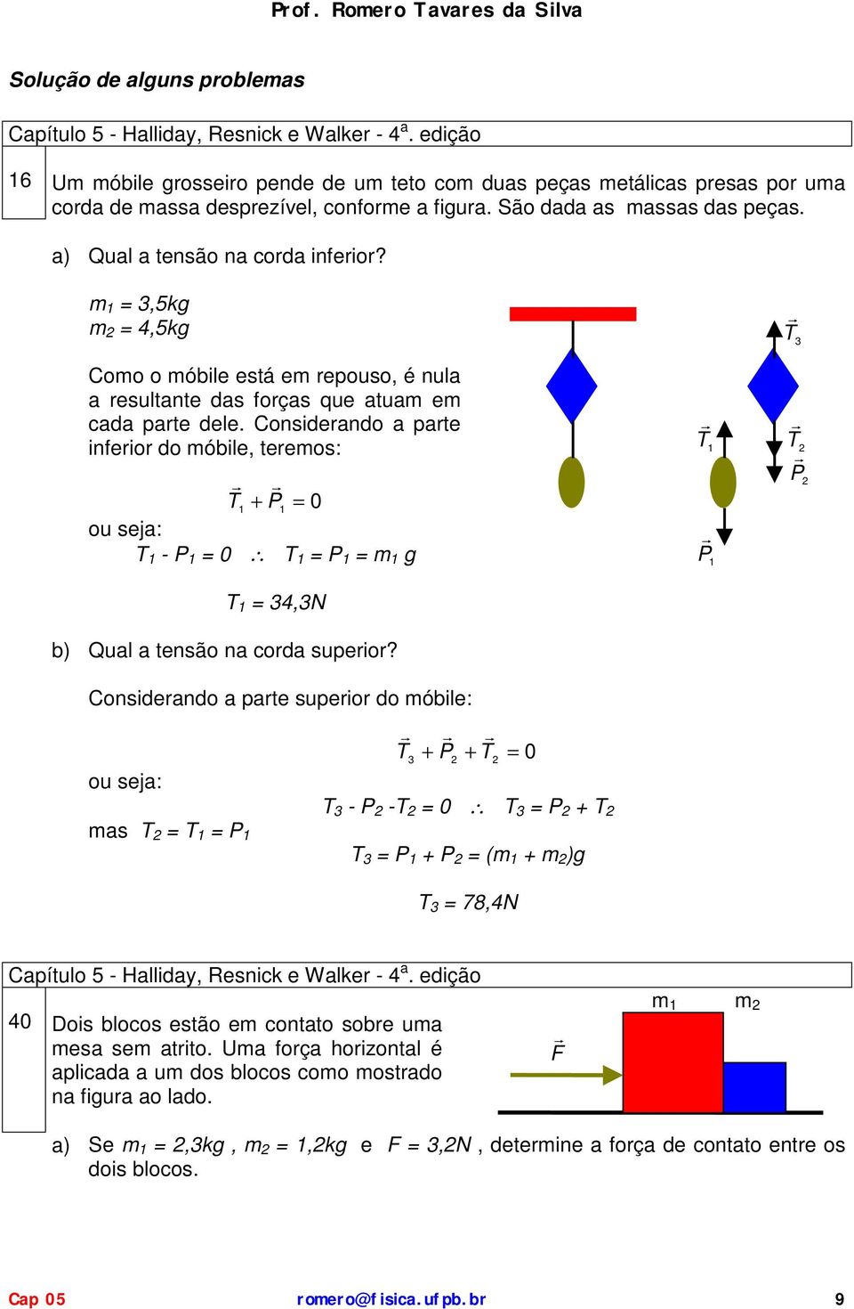 Considerando a parte inferior do óbile, tereos: P = 0 ou seja: - P = 0 = P = g P P = 4,N b) Qual a tensão na corda superior?