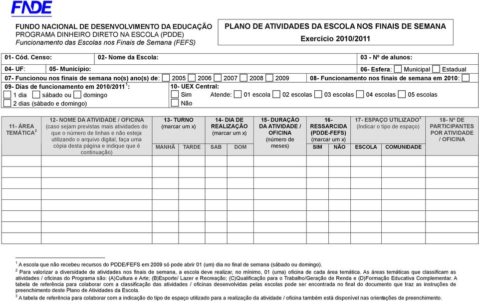 Censo: 02- Nome da Escola: 03 - Nº de alunos: 04- UF: 05- Município: 06- Esfera: Municipal Estadual 07- Funcionou nos finais de semana no(s) ano(s) de: 2005 2006 2007 2008 2009 08- Funcionamento nos