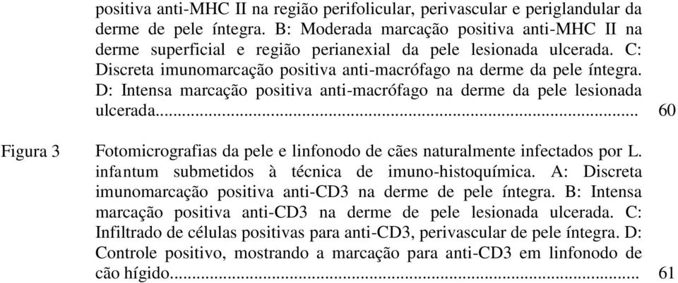 D: Intensa marcação positiva anti-macrófago na derme da pele lesionada ulcerada... 60 Figura 3 Fotomicrografias da pele e linfonodo de cães naturalmente infectados por L.