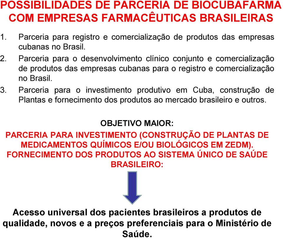 Parceria para o investimento produtivo em Cuba, construção de Plantas e fornecimento dos produtos ao mercado brasileiro e outros.