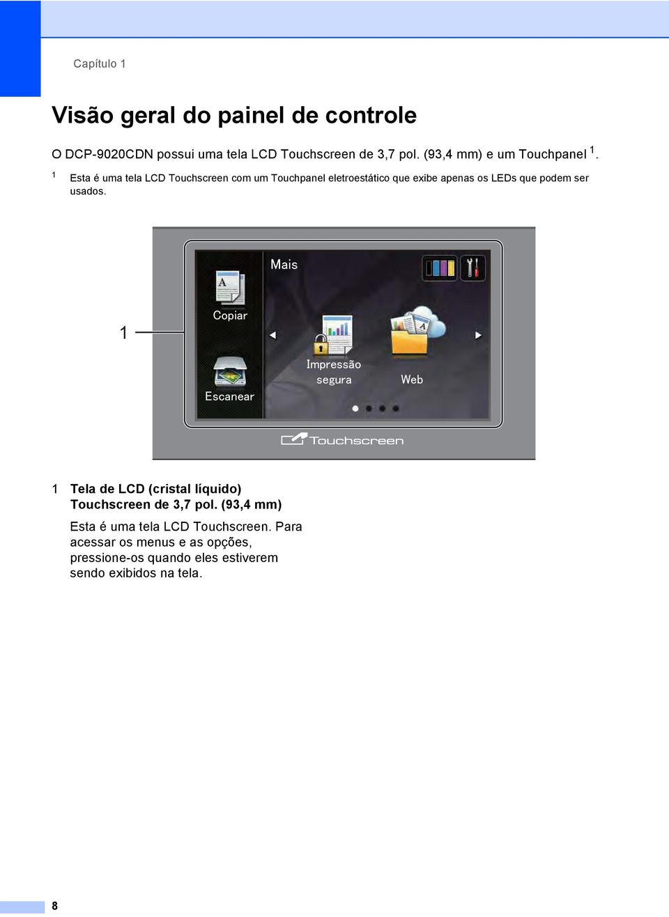 1 Esta é uma tela LCD Touchscreen com um Touchpanel eletroestático que exibe apenas os LEDs que podem ser