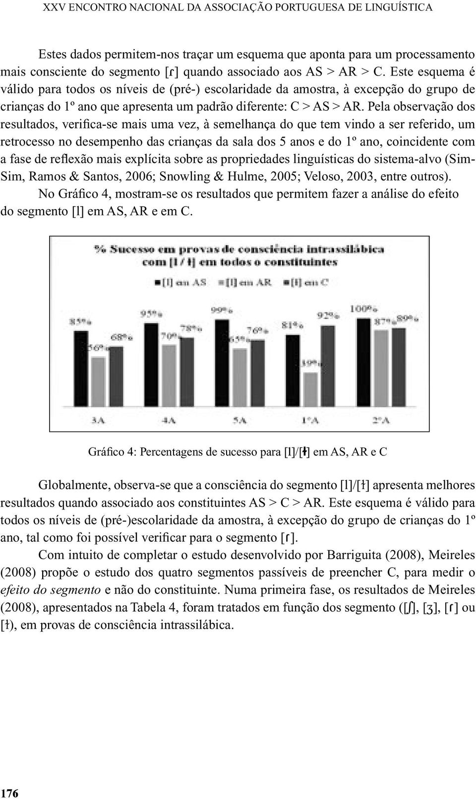 Pela observação dos resultados, verifica-se mais uma vez, à semelhança do que tem vindo a ser referido, um retrocesso no desempenho das crianças da sala dos 5 anos e do 1º ano, coincidente com a fase