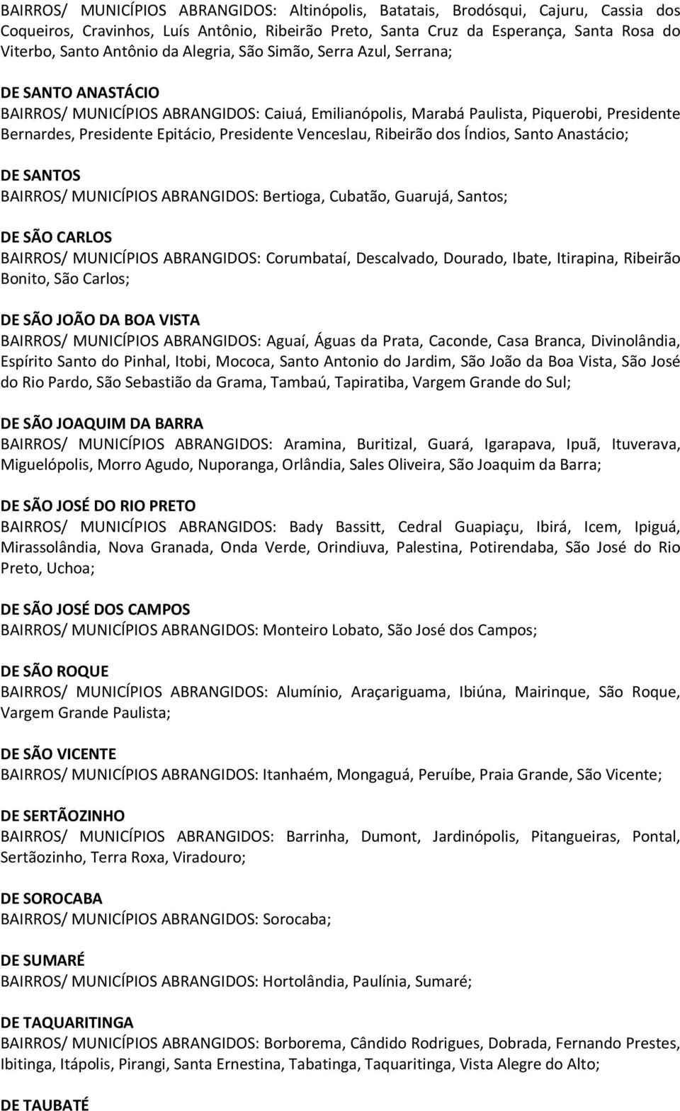 Venceslau, Ribeirão dos Índios, Santo Anastácio; DE SANTOS BAIRROS/ MUNICÍPIOS ABRANGIDOS: Bertioga, Cubatão, Guarujá, Santos; DE SÃO CARLOS BAIRROS/ MUNICÍPIOS ABRANGIDOS: Corumbataí, Descalvado,