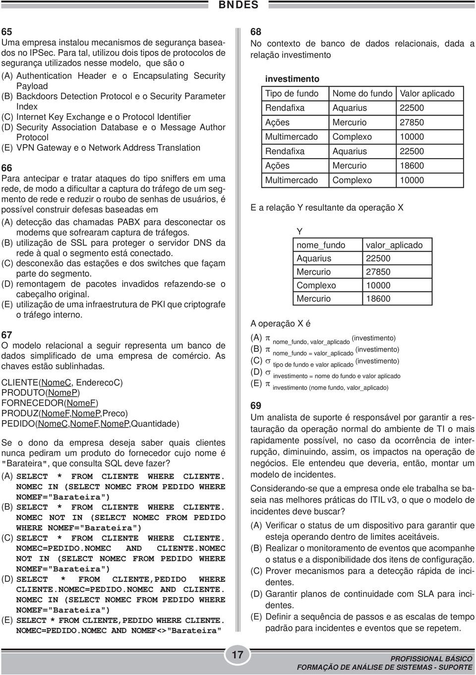 Parameter Index (C) Internet Key Exchange e o Protocol Identifier (D) Security Association Database e o Message Author Protocol (E) VPN Gateway e o Network Address Translation 66 Para antecipar e