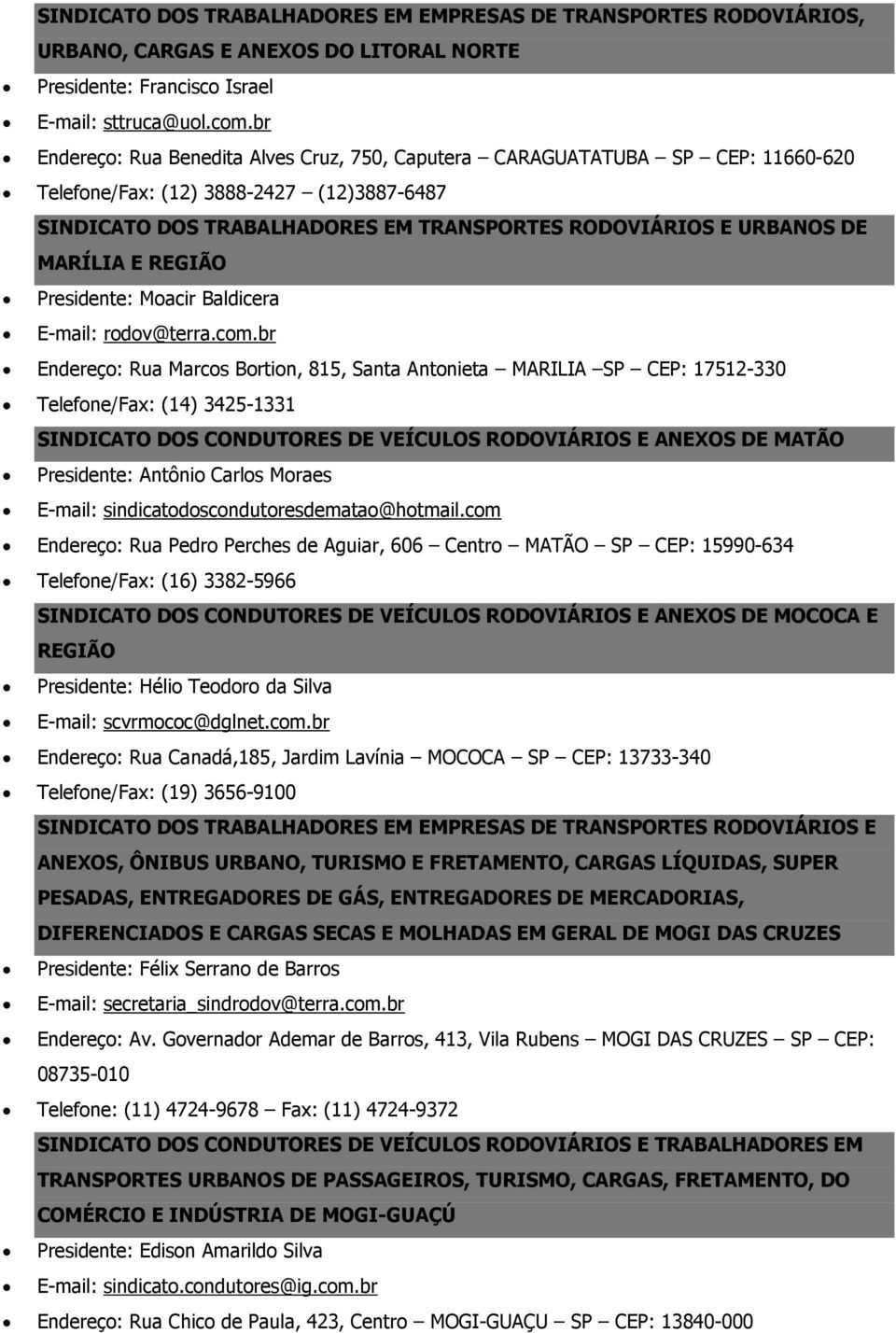 MARÍLIA E REGIÃO Presidente: Moacir Baldicera E-mail: rodov@terra.com.