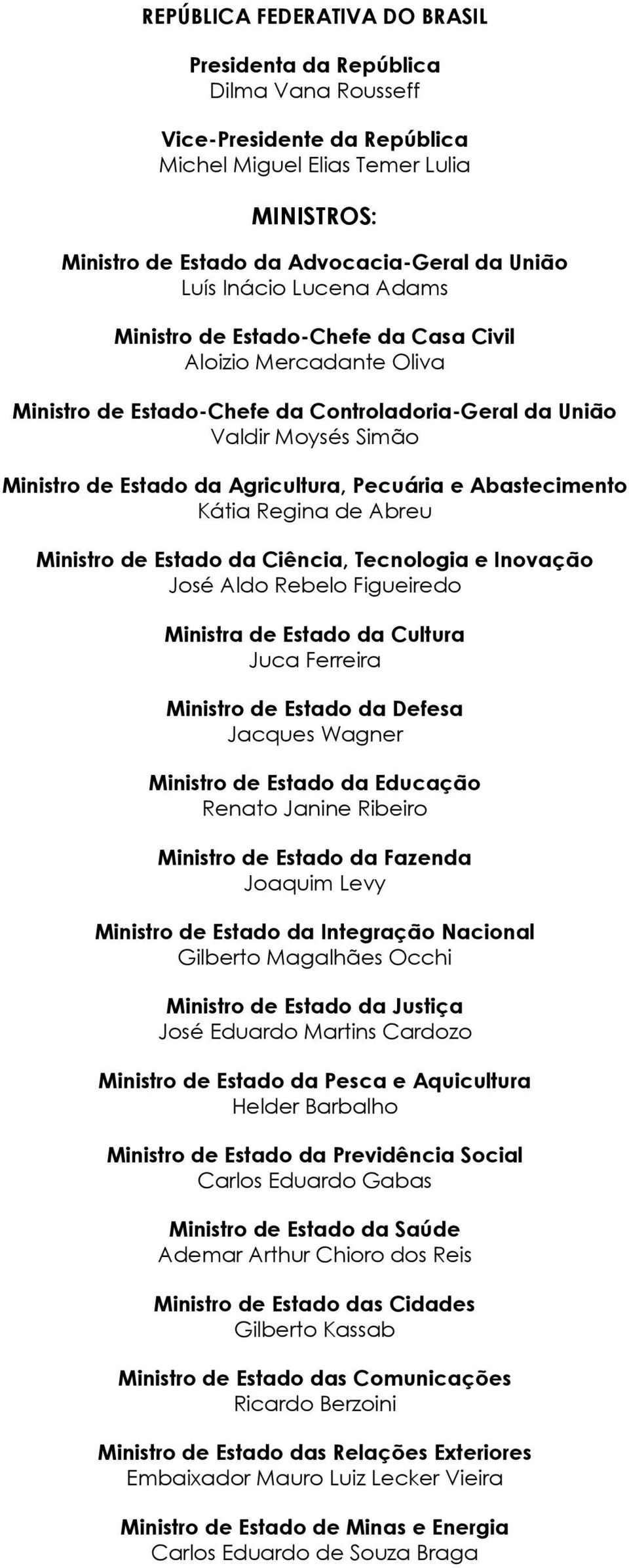 Pecuária e Abastecimento Kátia Regina de Abreu Ministro de Estado da Ciência, Tecnologia e Inovação José Aldo Rebelo Figueiredo Ministra de Estado da Cultura Juca Ferreira Ministro de Estado da