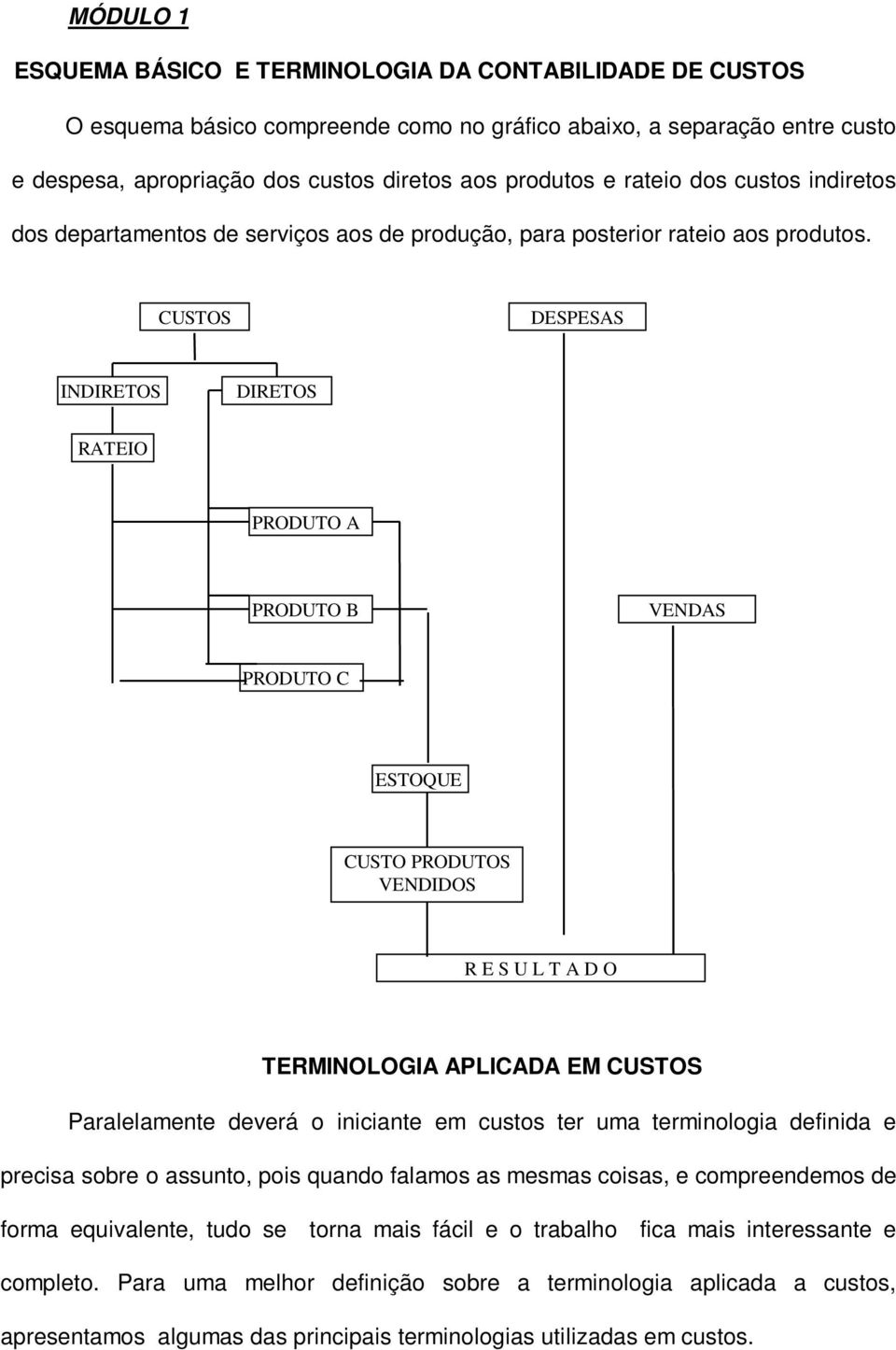 CUSTOS DESPESAS INDIRETOS DIRETOS RATEIO PRODUTO A PRODUTO B VENDAS PRODUTO C ESTOQUE CUSTO PRODUTOS VENDIDOS R E S U L T A D O TERMINOLOGIA APLICADA EM CUSTOS Paralelamente deverá o iniciante em