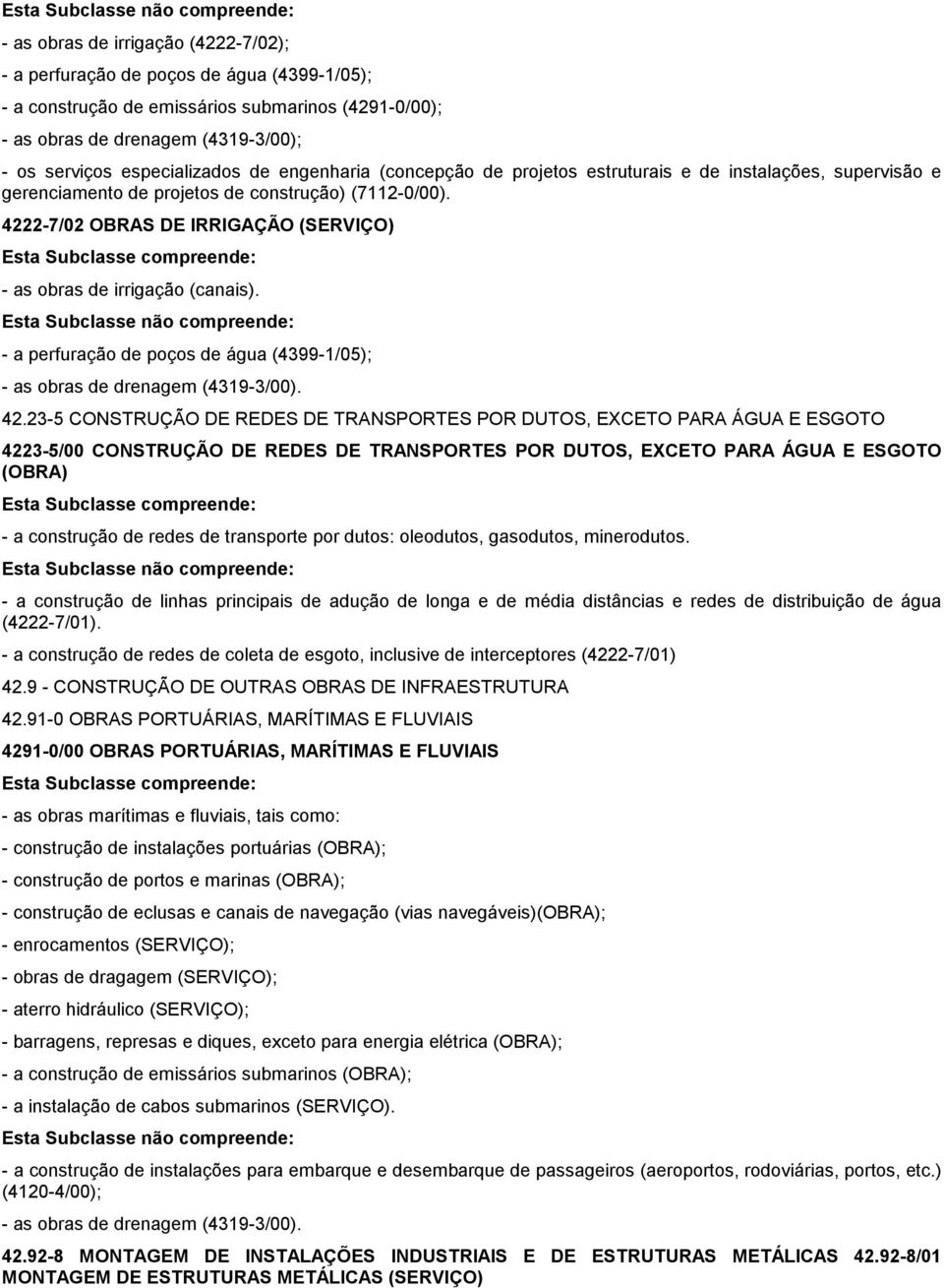 4222-7/02 OBRAS DE IRRIGAÇÃO (SERVIÇO) - as obras de irrigação (canais). - a perfuração de poços de água (4399-1/05); - as obras de drenagem (4319-3/00). 42.