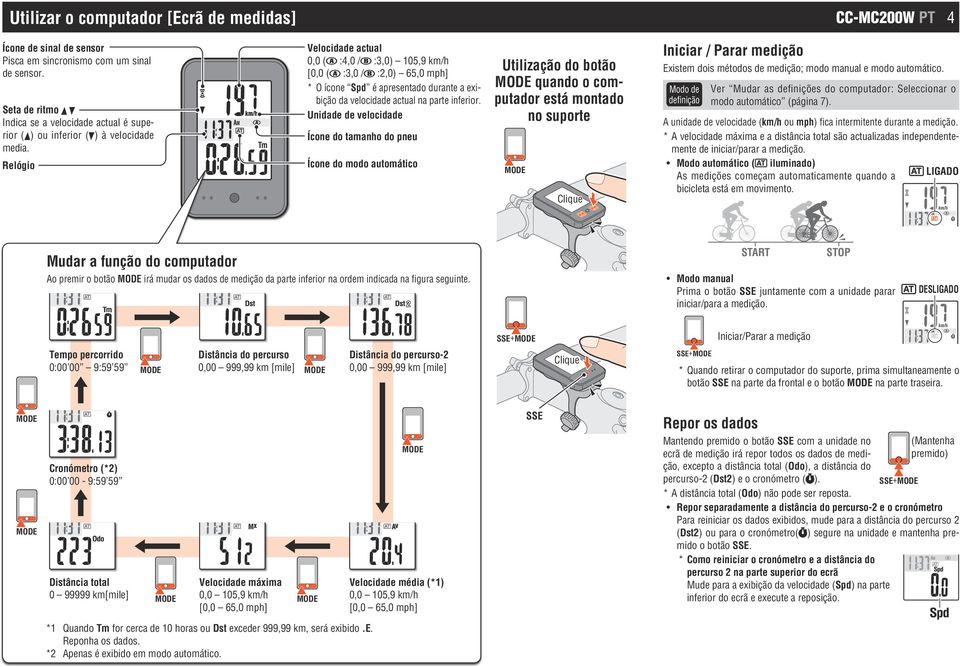 Unidade de Ícone do tamanho do pneu Ícone do modo automático Utilização do botão quando o computador está montado no suporte Clique Iniciar / Parar medição Existem dois métodos de medição; modo