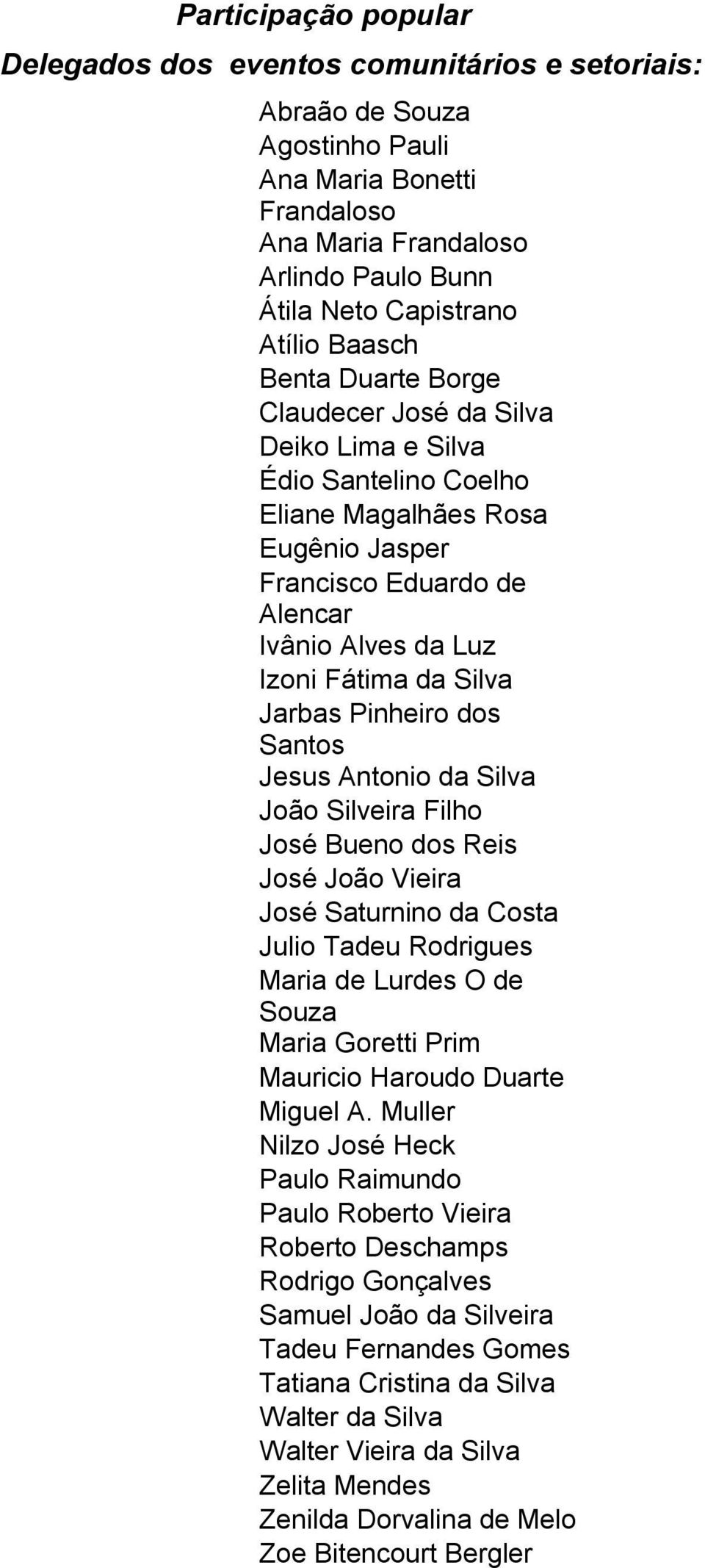 Jarbas Pinheiro dos Santos Jesus Antonio da Silva João Silveira Filho José Bueno dos Reis José João Vieira José Saturnino da Costa Julio Tadeu Rodrigues Maria de Lurdes O de Souza Maria Goretti Prim