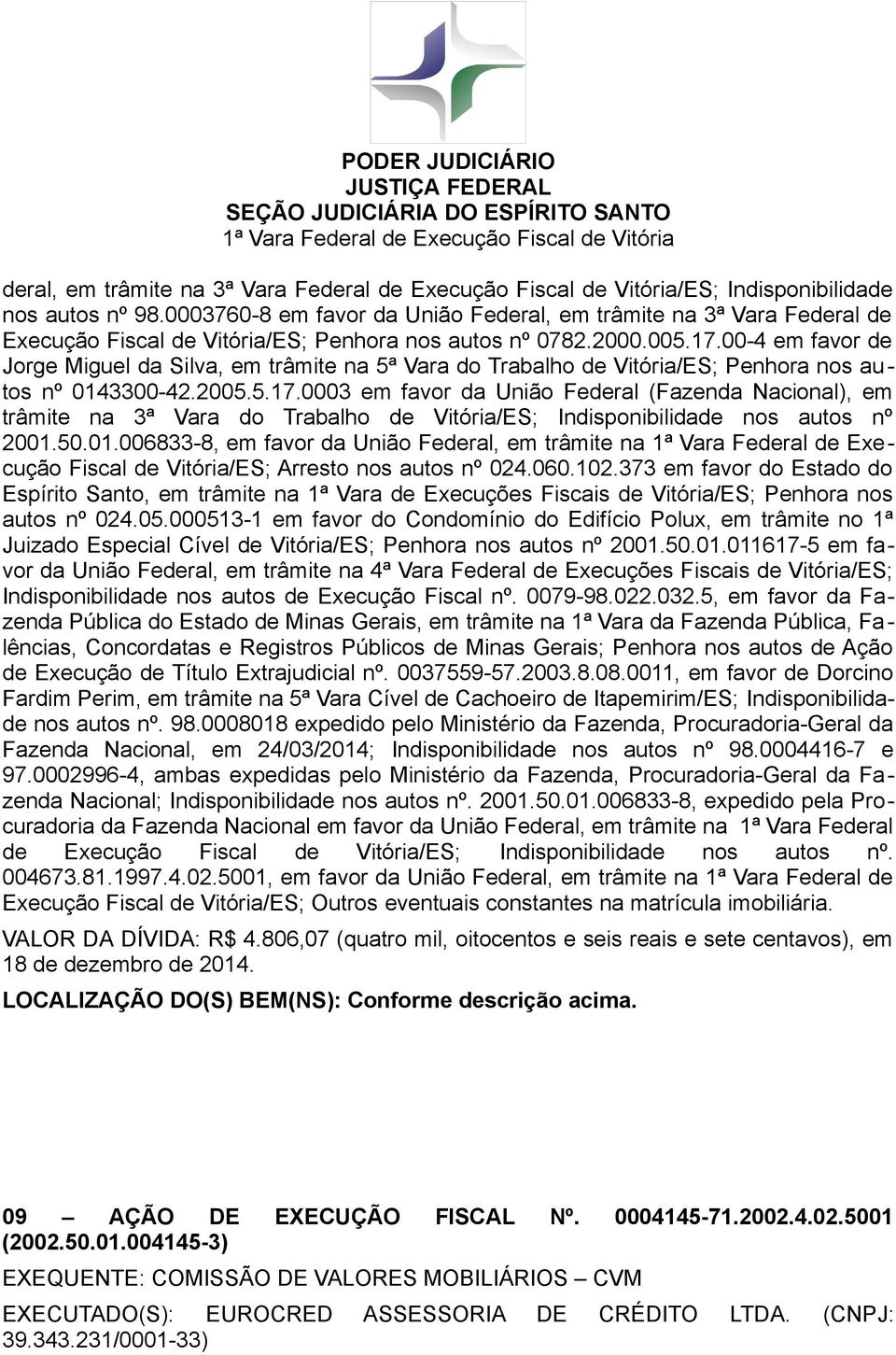 00-4 em favor de Jorge Miguel da Silva, em trâmite na 5ª Vara do Trabalho de Vitória/ES; Penhora nos autos nº 0143300-42.2005.5.17.