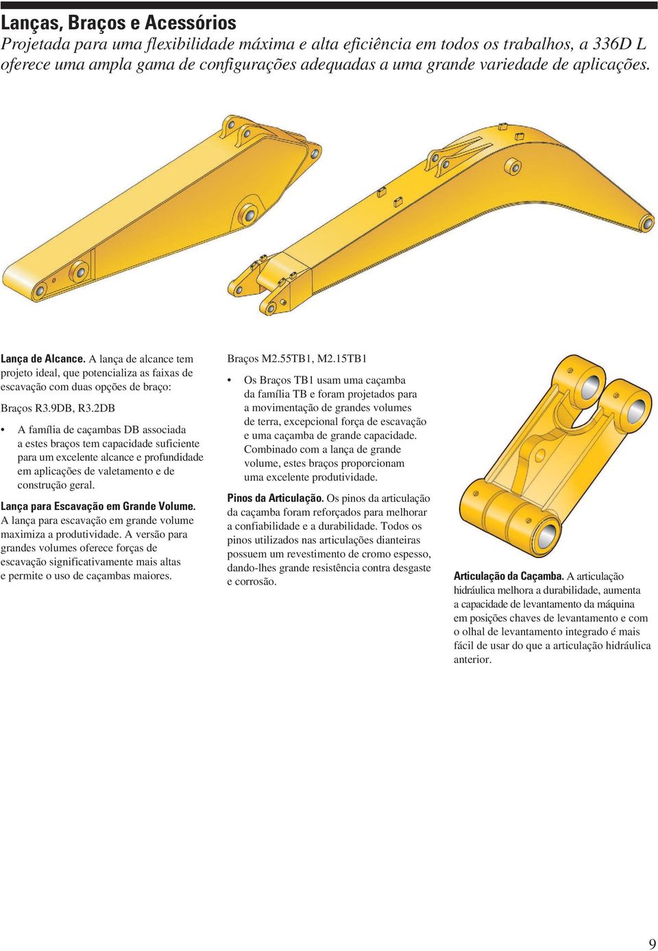 2DB A família de caçambas DB associada a estes braços tem capacidade suficiente para um excelente alcance e profundidade em aplicações de valetamento e de construção geral.