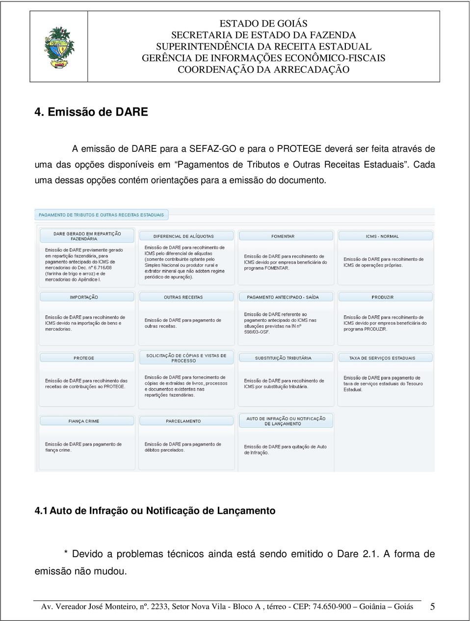 4.1 Auto de Infração ou Notificação de Lançamento * Devido a problemas técnicos ainda está sendo emitido o Dare 2.1. A forma de emissão não mudou.