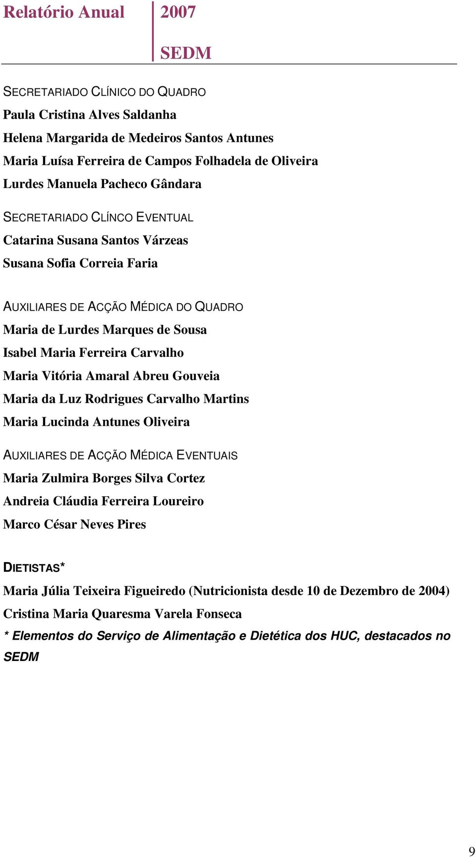 Vitória Amaral Abreu Gouveia Maria da Luz Rodrigues Carvalho Martins Maria Lucinda Antunes Oliveira AUXILIARES DE ACÇÃO MÉDICA EVENTUAIS Maria Zulmira Borges Silva Cortez Andreia Cláudia Ferreira