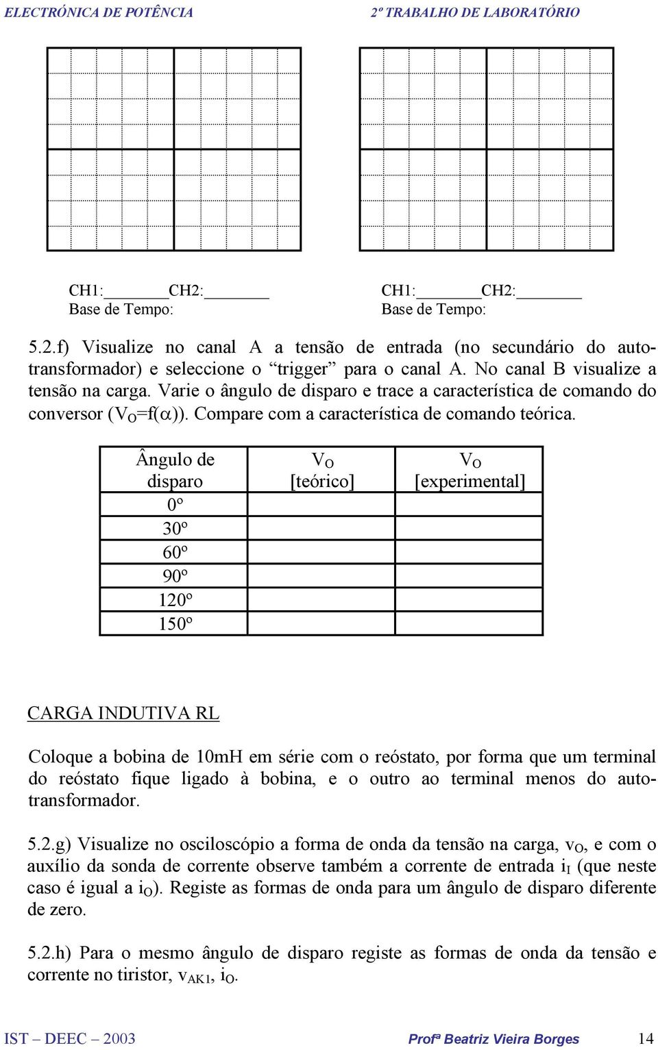 Ângulo de disparo 0º 30º 60º 90º 120º 150º V O [teórico] V O [experimental] CRG INDUTIV RL Coloque a bobina de 10mH em série com o reóstato, por forma que um terminal do reóstato fique ligado à