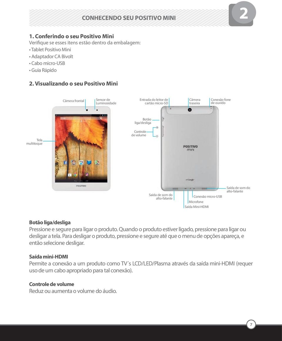 volume Saída de som do alto-falante Conexão micro-usb Microfone Saída Mini-HDMI Saída de som do alto-falante Botão liga/desliga Pressione e segure para ligar o produto.