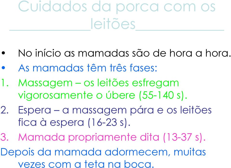 Massagem os leitões esfregam vigorosamente o úbere (55-140 s). 2.