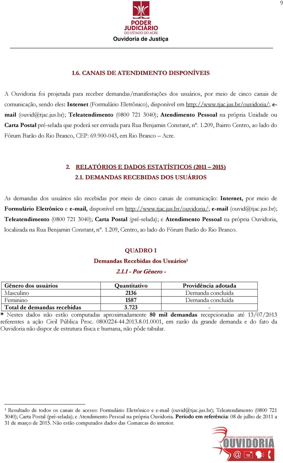 disponível em http://www.tjac.jus.br/ouvidoria/; e- mail (ouvid@tjac.jus.br); Teleatendimento (0800 721 3040); Atendimento Pessoal na própria Unidade ou Carta Postal pré-selada que poderá ser enviada para Rua Benjamin Constant, nº.