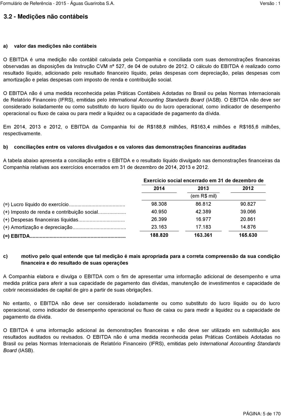 O cálculo do EBITDA é realizado como resultado líquido, adicionado pelo resultado financeiro líquido, pelas despesas com depreciação, pelas despesas com amortização e pelas despesas com imposto de