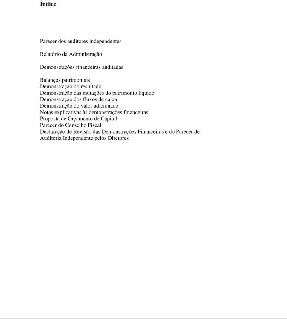 Demonstração do valor adicionado Notas explicativas às demonstrações financeiras Proposta de Orçamento de Capital