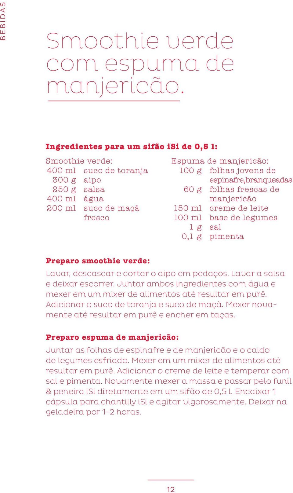 branqueadas 60 g folhas frescas de manjericão 150 ml creme de leite 100 ml base de legumes 1 g sal 0,1 g pimenta Preparo smoothie verde: Lavar, descascar e cortar o aipo em pedaços.